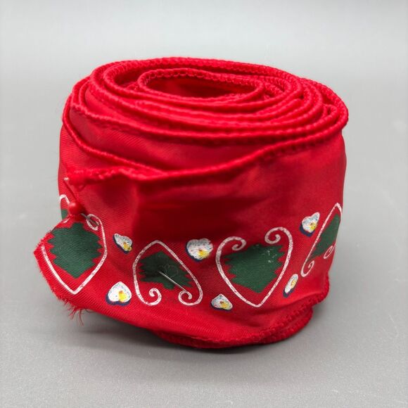 Vintage Wired Satin Christmas Ribbon 80s Folk Art Red Hearts Trees Print 5+ Yds - Picture 4 of 9